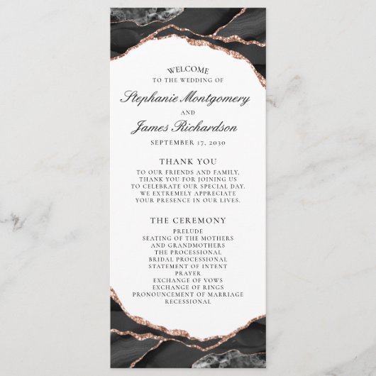 Black White Roos Gold Foil Agate Wedding Programma (Voorkant)