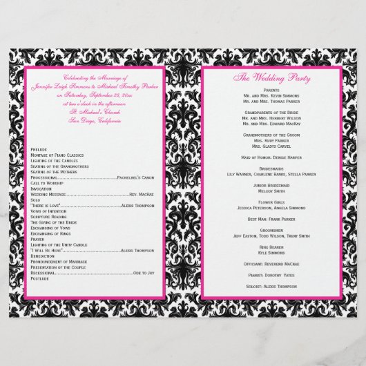 Black White Rose Damask Hearts Programme de mariag (Dos)