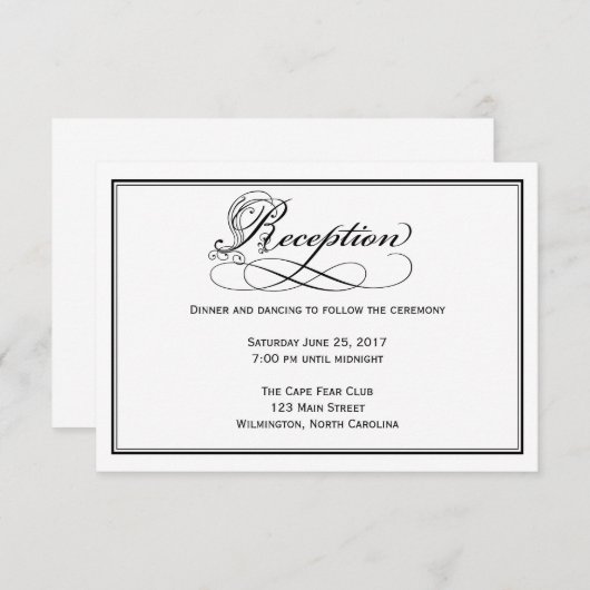 Black & White Royal Script Wedding Reception Kaart (Voorkant / Achterkant)