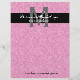 Black White Roze Damask Monogram Letterhead Briefhoofd Ontwerp