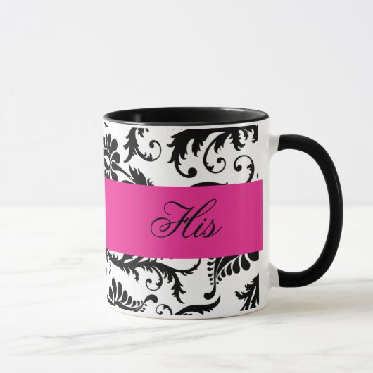 Black, White, roze Damask "Zijn" Mok (Rechts)