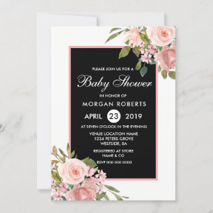 Black White Roze Rose Gold Flowers Baby shower Kaart