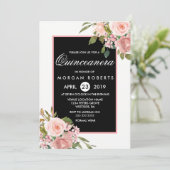 Black White Roze Rose Gold Flowers Quinceanera Kaart (Staand voorkant)