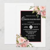 Black White Roze Rose Gold Flowers Quinceanera Kaart (Voorkant / Achterkant)