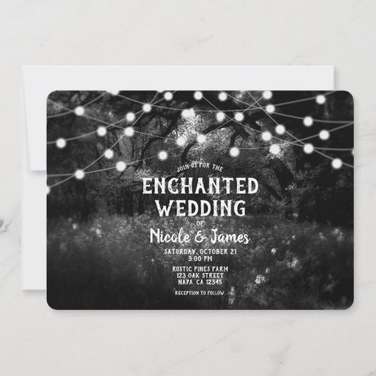 Black White Rustic Enchanted Forest Lights Wedding Kaart (Voorkant)