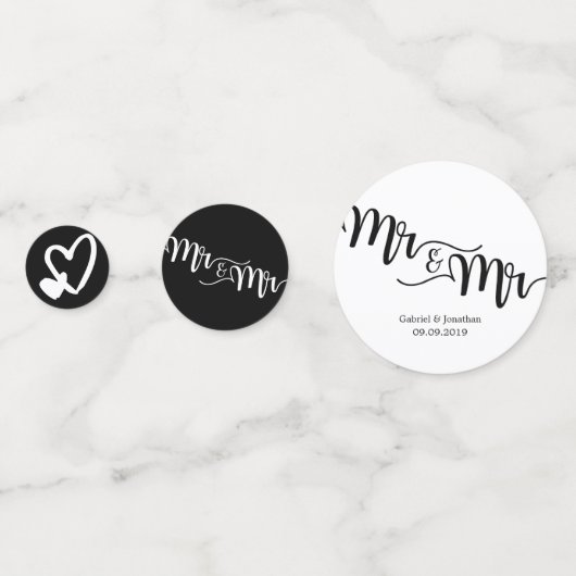 Black & White Script Mr en Mr Hearts Wedding Confetti (Voorkanten)