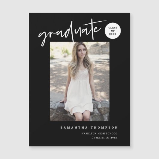 Black White Script School Graduate Photo Magnet (Devant)