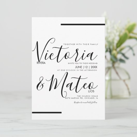 Black White Script Typography Line Wedding Kaart (Staand voorkant)