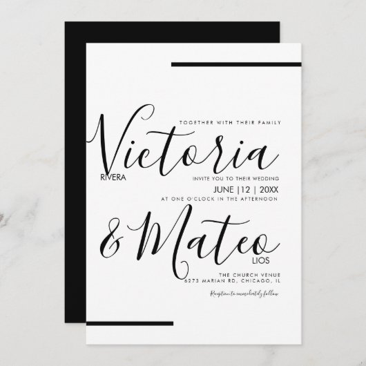 Black White Script Typography Line Wedding Kaart (Voorkant / Achterkant)