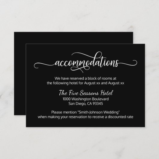 Black White Script Wedding - accommodaties Informatiekaartje (Voorkant / Achterkant)