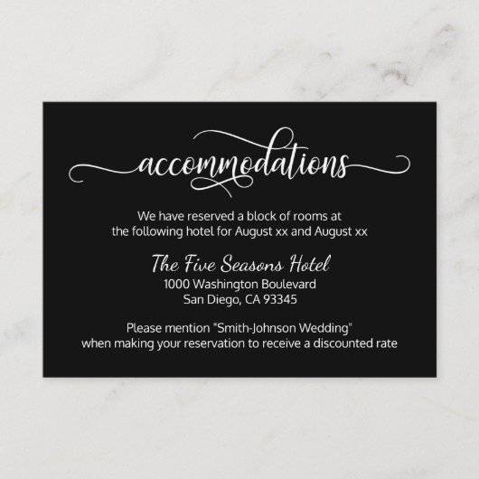 Black White Script Wedding - accommodaties Informatiekaartje (Voorkant)