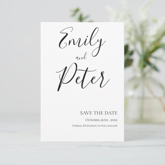 Black White Script Wedding Save the Date Kaart (Staand voorkant)