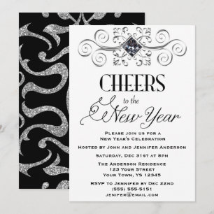 Black White Silver Glamor nieuwjaarsfeest Kaart