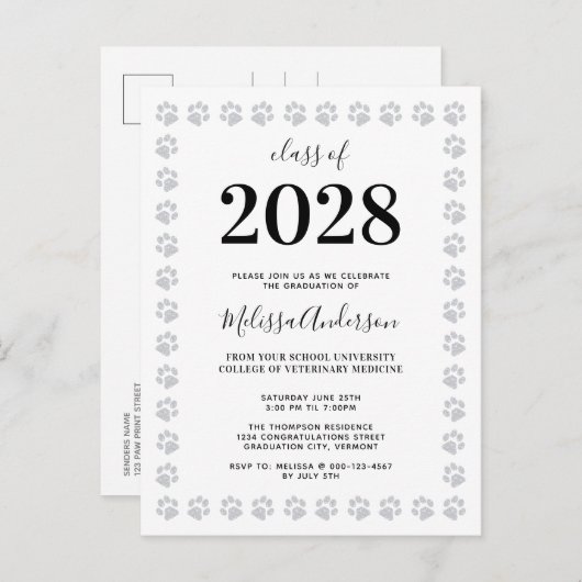 Black White Silver Glitter Paw Afstuderen afdrukke Uitnodiging Briefkaart (Voorkant / Achterkant)