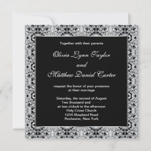 Black White Silver Lace Wedding Kaart