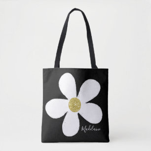 Black White Simple Daisy Gold Personal Draagtas