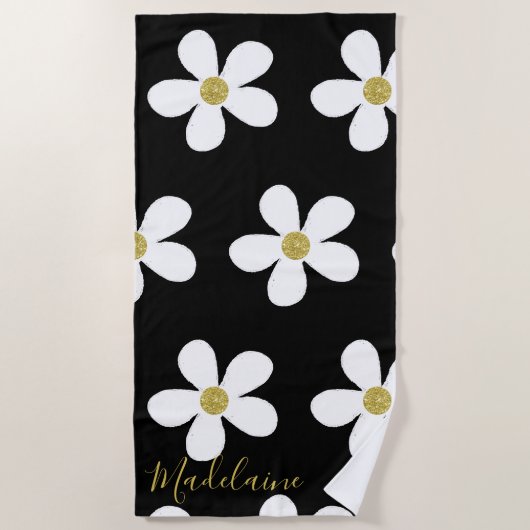 Black White Simple Daisy Gold Personal Strandlaken (Voorkant)