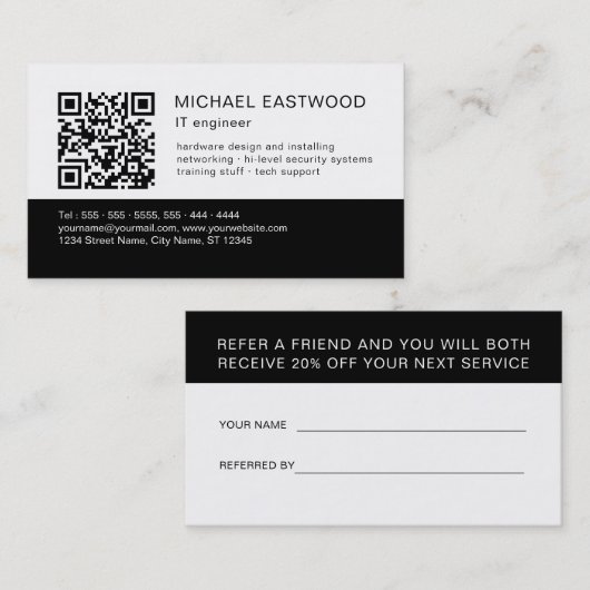 Black White Simple QR Code 2 in 1 Referral en Visitekaartje (Voorkant / Achterkant)