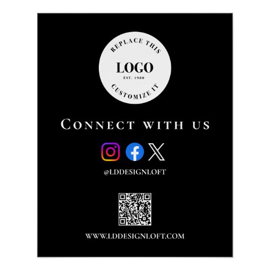 Black White Social QR code website Custom logo Perfect Poster (Voorkant)