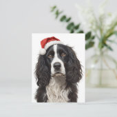 Black & White Spaniel Santa Hat Xmas Art Feestdagenkaart (Staand voorkant)