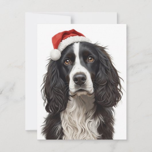 Black & White Spaniel Santa Hat Xmas Art Feestdagenkaart (Voorkant)
