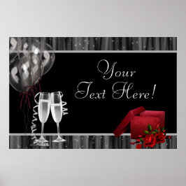 Black White Sparkles Champagne Party Banner Poster