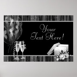 Black White Sparkles Champagne Party Banner Poster