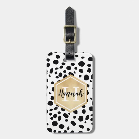 Black White Spots Pattern Gold Monogram Bagagelabel (Voorkant verticaal)