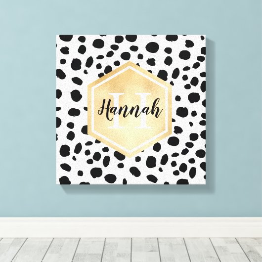 Black White Spots Pattern Gold Monogram Canvas Afdruk (Insitu (Houten vloer))