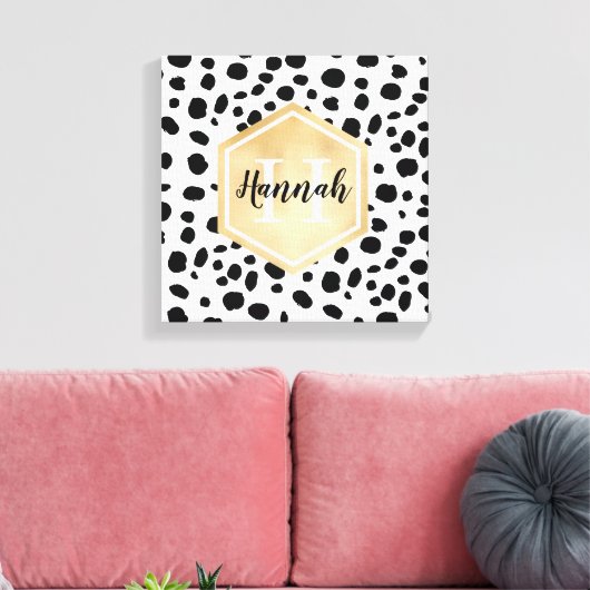 Black White Spots Pattern Gold Monogram Canvas Afdruk (Insitu (Woonkamer))