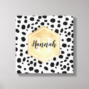 Black White Spots Pattern Gold Monogram Canvas Afdruk