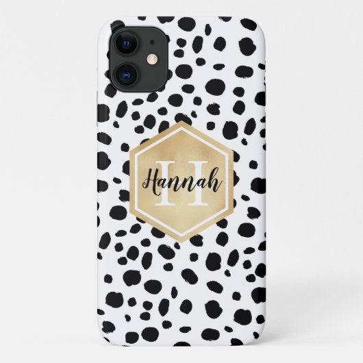 Black White Spots Pattern Gold Monogram Case-Mate iPhone Case (Achterkant)