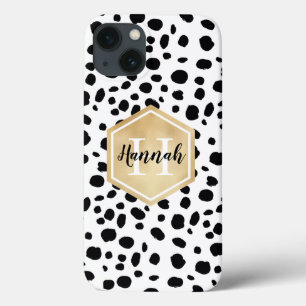 Black White Spots Pattern Gold Monogram iPhone 13 Hoesje