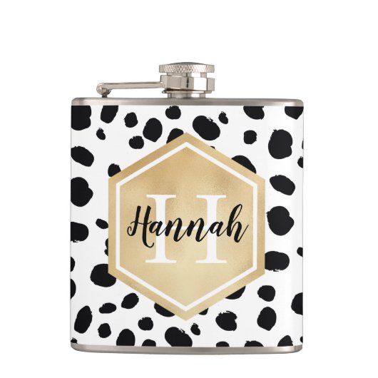 Black White Spots Pattern Gold Monogram Heupfles (Voorkant)
