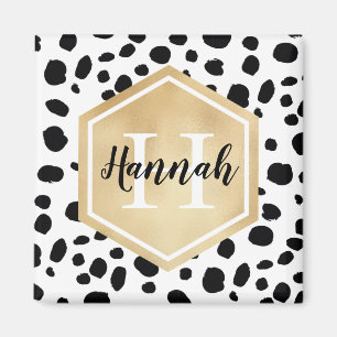 Black White Spots Pattern Gold Monogram Magneet