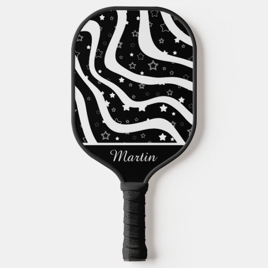 Black &white stars on lines custom name pickleball paddle (Voorkant)
