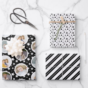 Black White Stars Stripes Photo Collage Kerstmis Inpakpapier Vel
