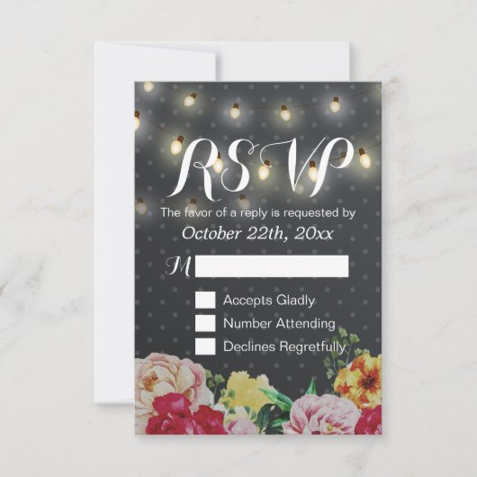 Black White String Lights Floral Wedding RSVP Kaar (Voorkant)