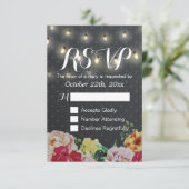 Black White String Lights Floral Wedding RSVP Kaar (Staand voorkant)