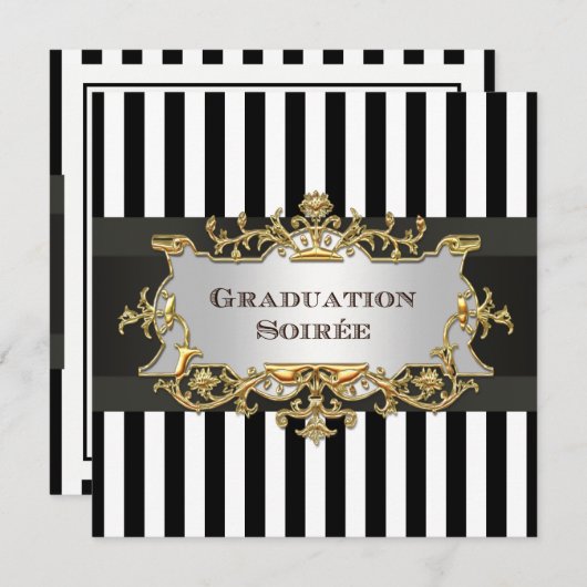 Black White Stripe Afstuderen Uitnodigen 2 - AA Kaart (Voorkant / Achterkant)