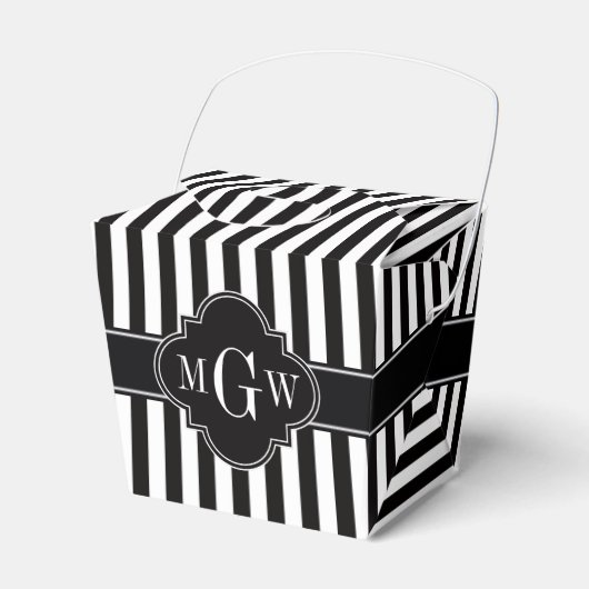 Black White Stripe Black Quatrefoil 3 Monogram Bedankdoosjes (Voorkant Zijde)