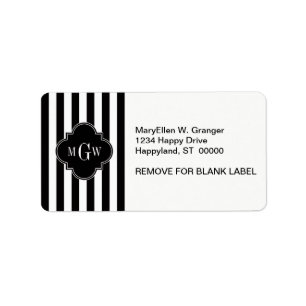 Black White Stripe Black Quatrefoil 3 Monogram Etiket
