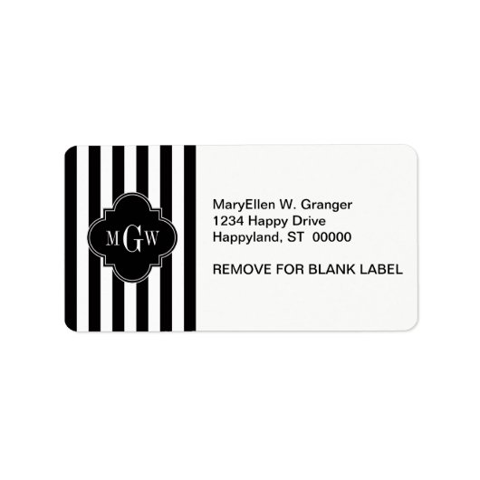 Black White Stripe Black Quatrefoil 3 Monogram Etiket (Voorkant)