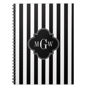 Black White Stripe Black Quatrefoil 3 Monogram Notitieboek