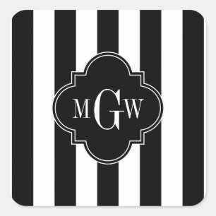 Black White Stripe Black Quatrefoil 3 Monogram Vierkante Sticker