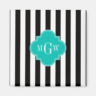 Black White Stripe Blauwgroen Quatrefoil 3 Monogra Magneet