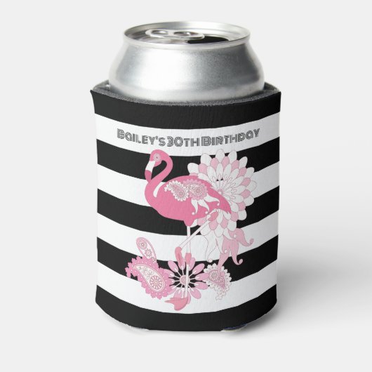 Black & White Stripe Flamingo Verjaardagsfeest Blikjeskoeler (Blikje Achterkant)