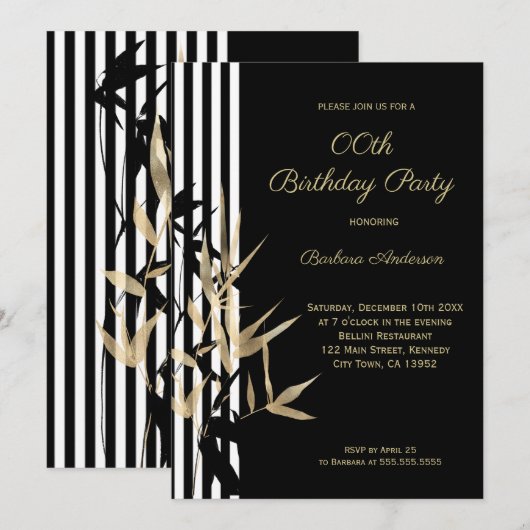 Black White Stripe Gold Bamboo leaf Birthday Kaart (Voorkant / Achterkant)