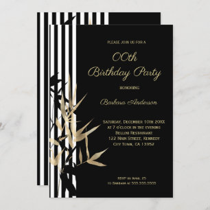 Black White Stripe Gold Bamboo leaf Birthday Kaart