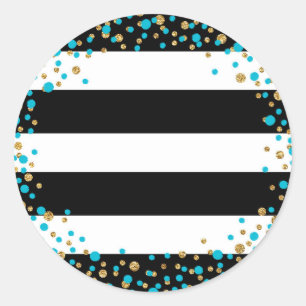 Black White Stripe Gold Glitter Turquoise Sprinkle Ronde Sticker